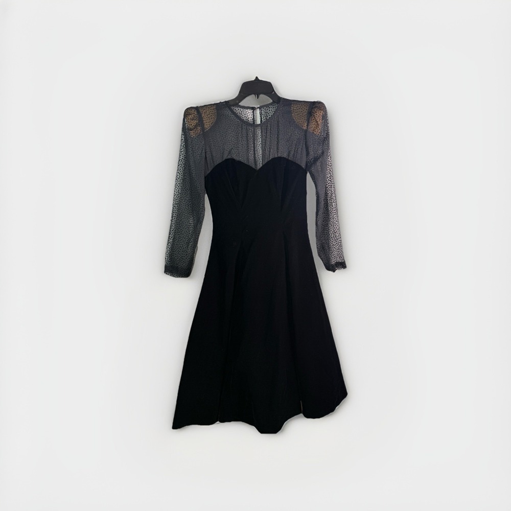 Vtg 80s Karen Lucas‎ For Niki Black Velvet Midi Swing Dress Sheer Sweetheart